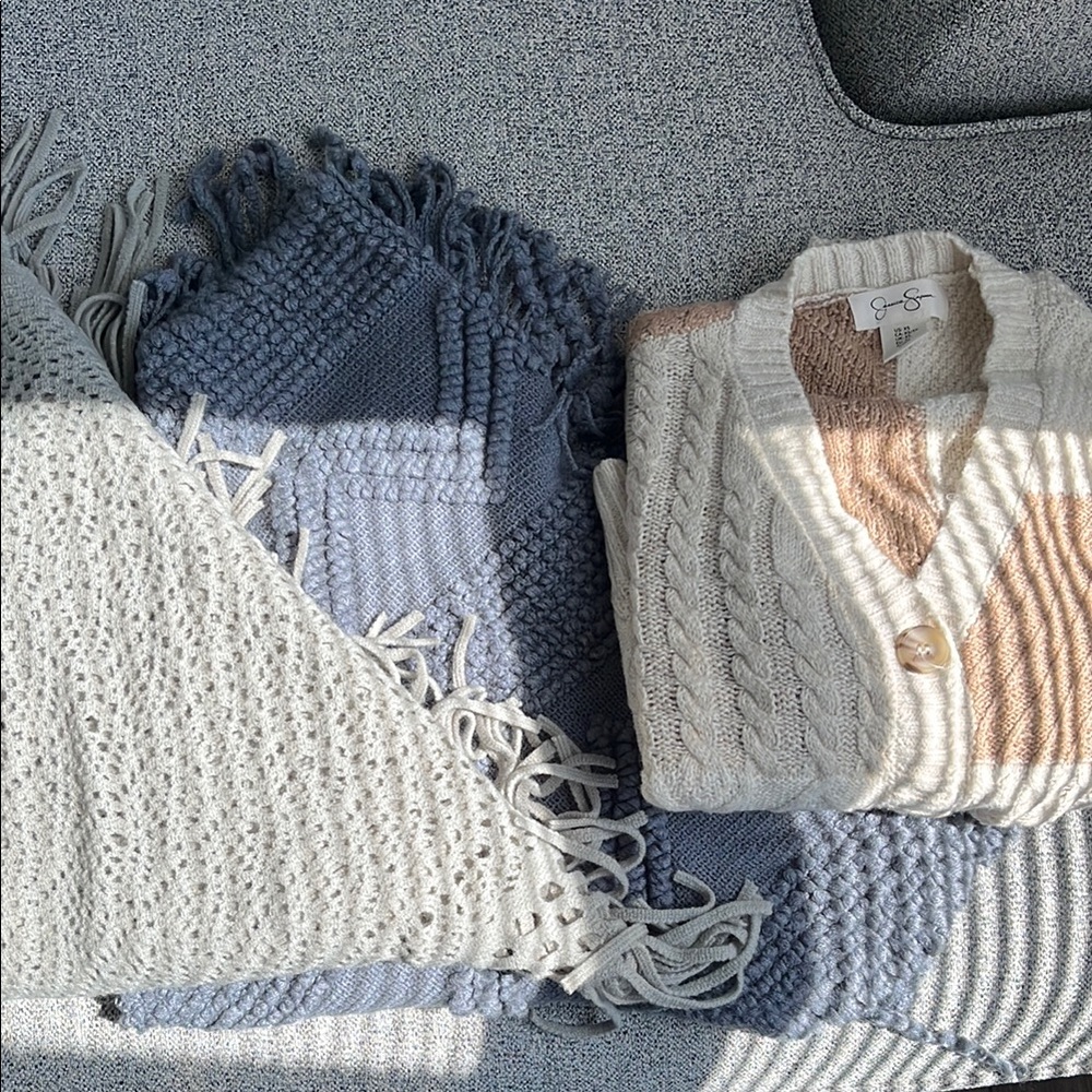 Women's Cream and Tan Cable Knit Sweater and 2 ponchos
